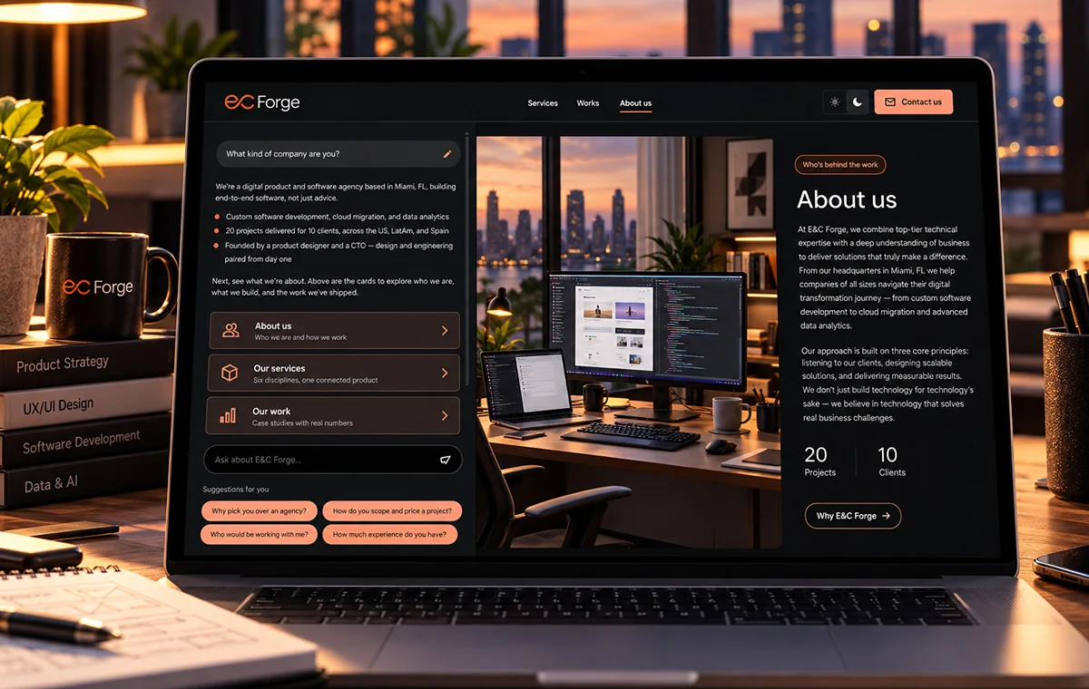 E&C Forge agency site on a laptop, dark theme: an About us page with an AI panel on the left offering cards for who we are, services and work, under a question box with suggested questions