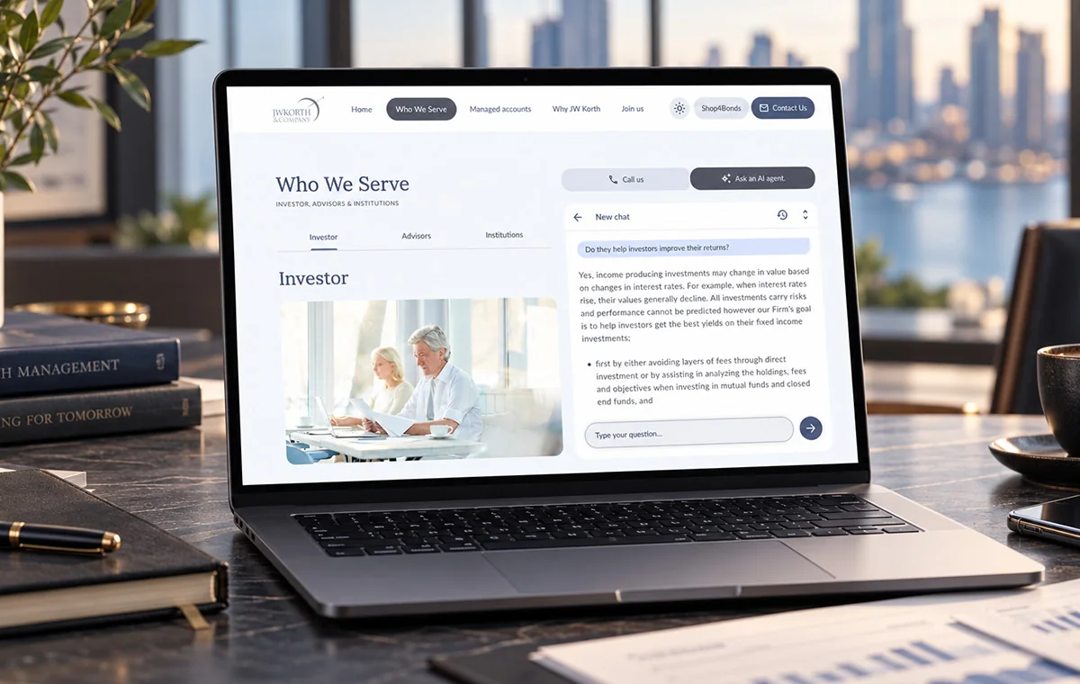 JW Korth investor site on a laptop, light theme: a Who We Serve page with an Ask an AI agent panel answering a question about improving investment returns