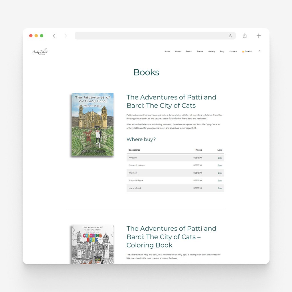 Books page of anechypadron.com: each title with its cover, synopsis and a Where buy table listing bookstores, prices and purchase links