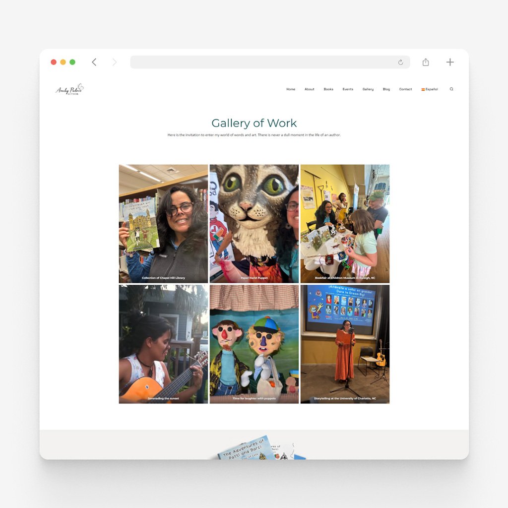 Gallery page of anechypadron.com headed Gallery of Work, six captioned photographs of readings, puppets and book fairs in a two-row grid