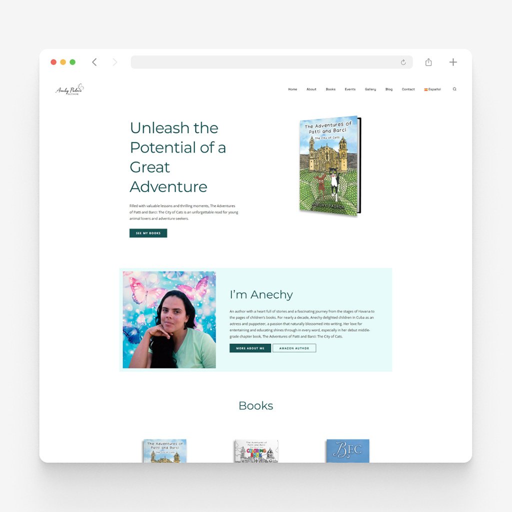 Home page of anechypadron.com headed Unleash the Potential of a Great Adventure, the book cover beside it and an author introduction below