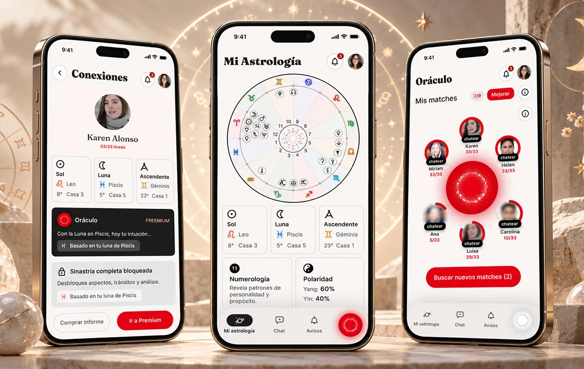 Three Appstrology screens: a connection profile with sun, moon and ascendant, the natal chart wheel, and the matches view around a red orb