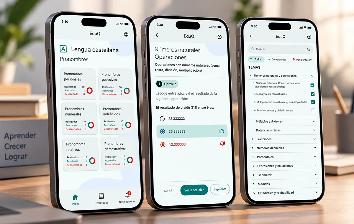 Three EduQ screens: a Spanish grammar topic with per-exercise scores, a maths question with its answer marked, and the searchable topic index