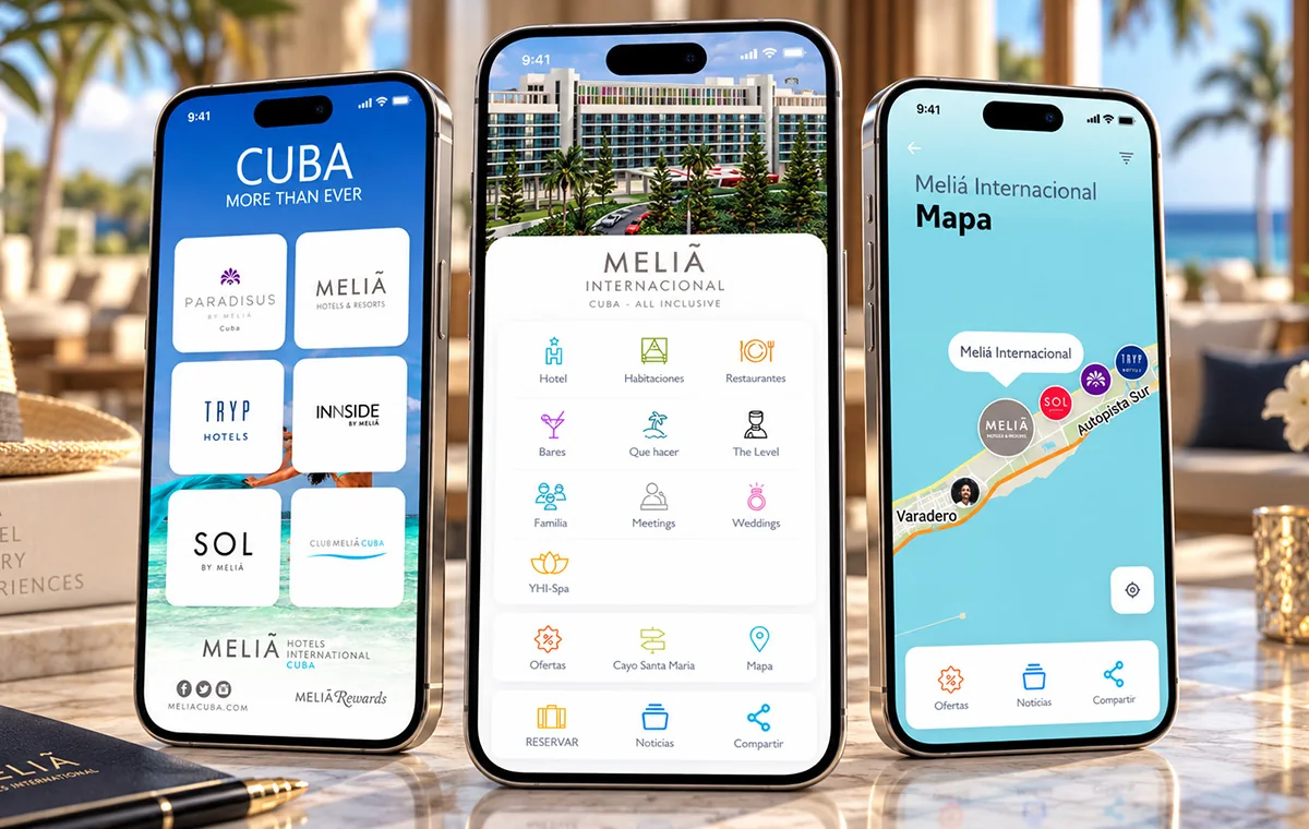 Three Meliá Cuba screens: the hotel brand grid, a hotel menu with its sections, and a map of the Varadero hotels