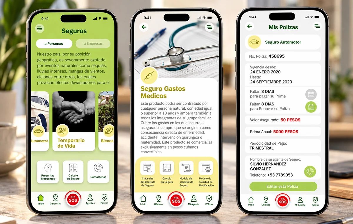 Three screens of an insurance app: the product home for individuals and companies, a medical-expenses policy description, and a policy record with dates, premium and agent