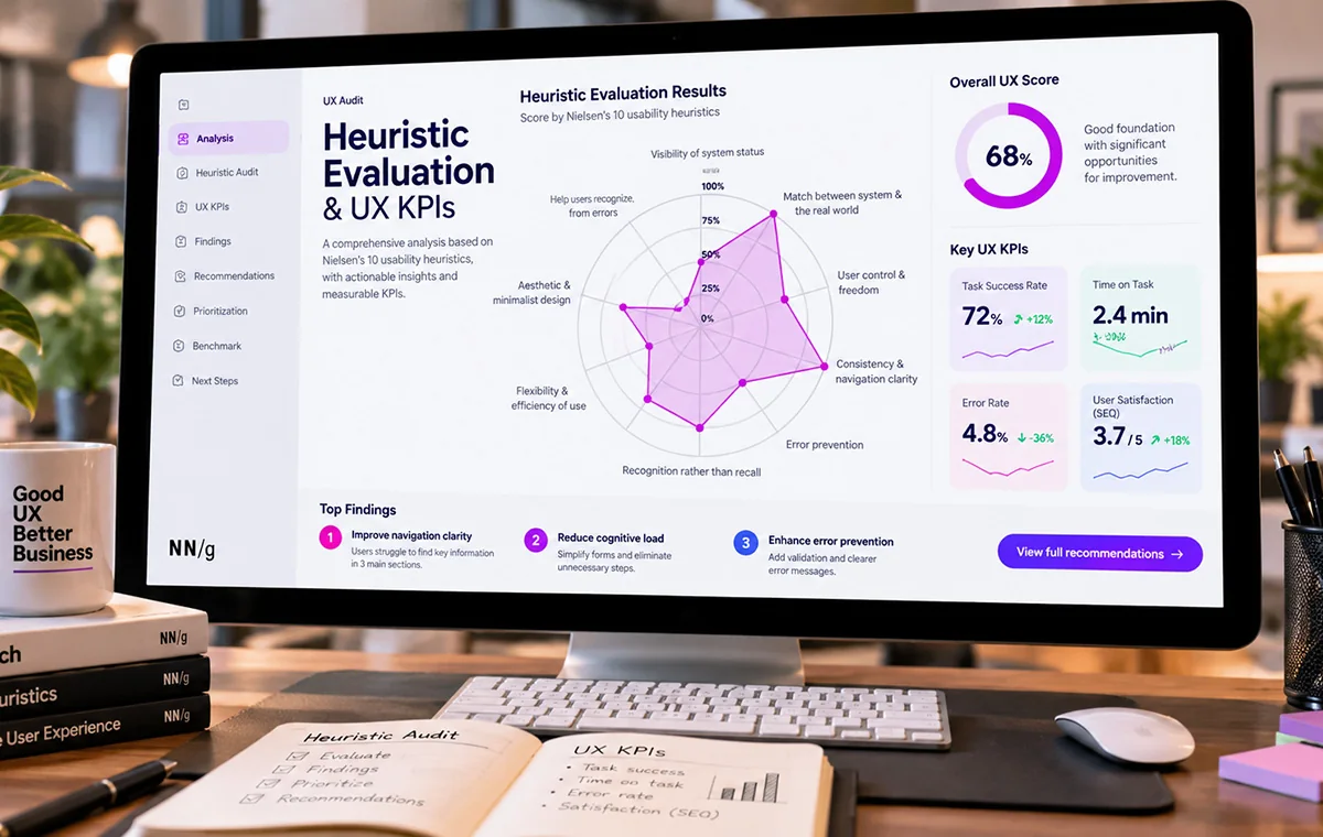 Usability audit report on screen: a radar chart scoring Nielsen's ten heuristics, an overall UX score of 68 per cent, four KPI cards and the top three findings
