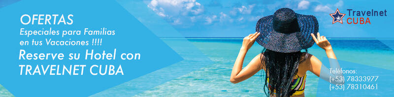 Wide turquoise web banner for Travelnet Cuba showing a woman in a sun hat facing a Caribbean beach
