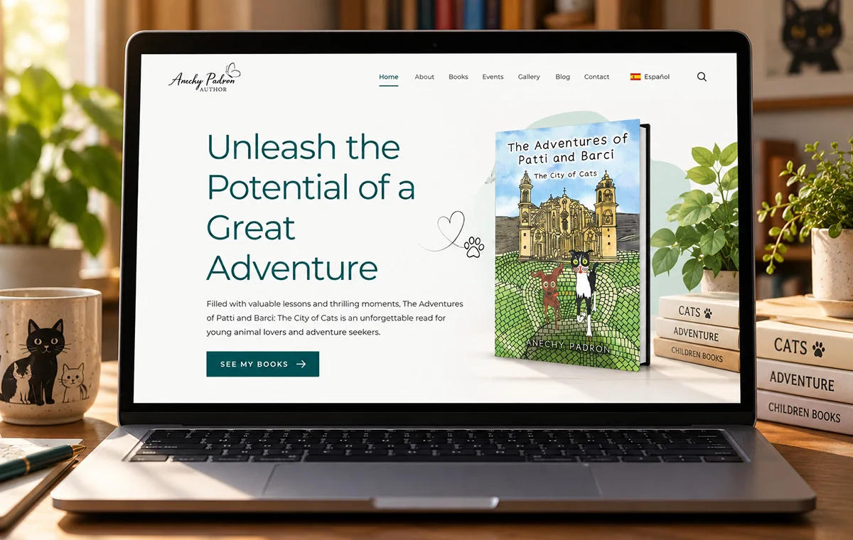 Anechy Padrón author site on a laptop: the headline Unleash the Potential of a Great Adventure beside a children's book cover, with a See my books button and a menu holding Books, Events, Gallery and Blog