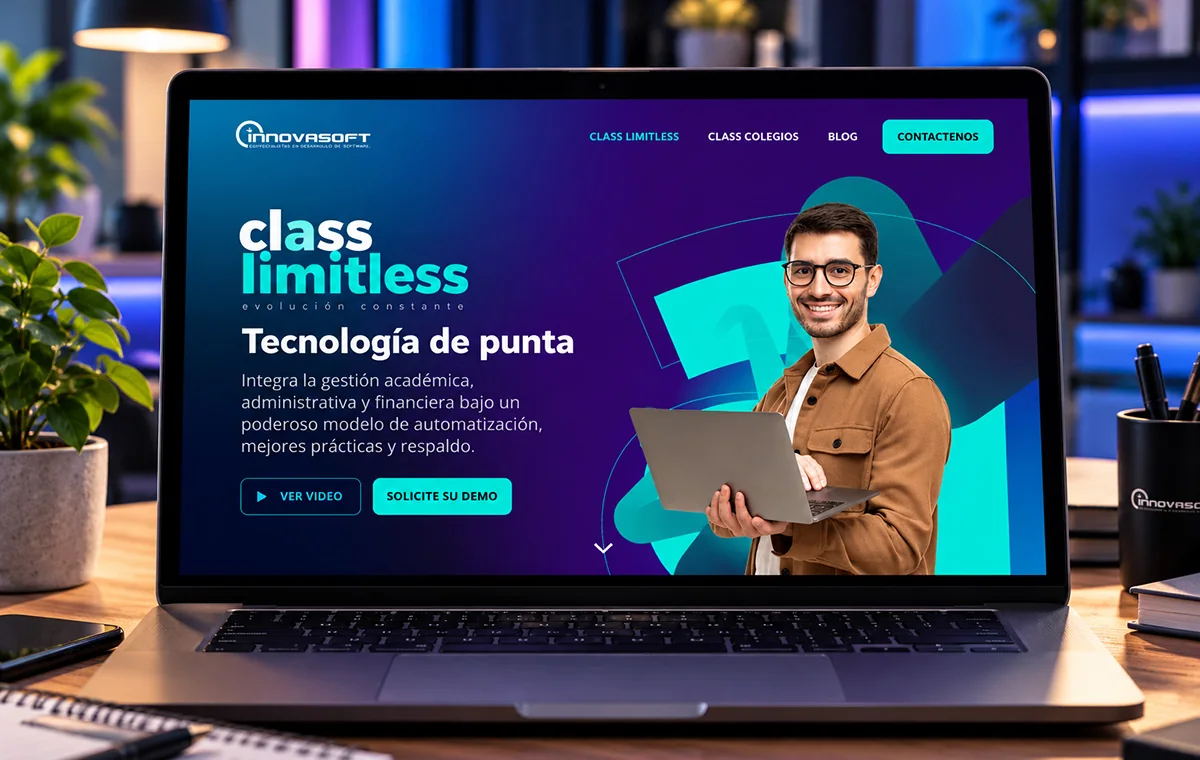 Class Limitless product site on a laptop, purple and teal: the headline Tecnología de punta over a line about academic, administrative and financial management, with buttons to watch the video and request a demo