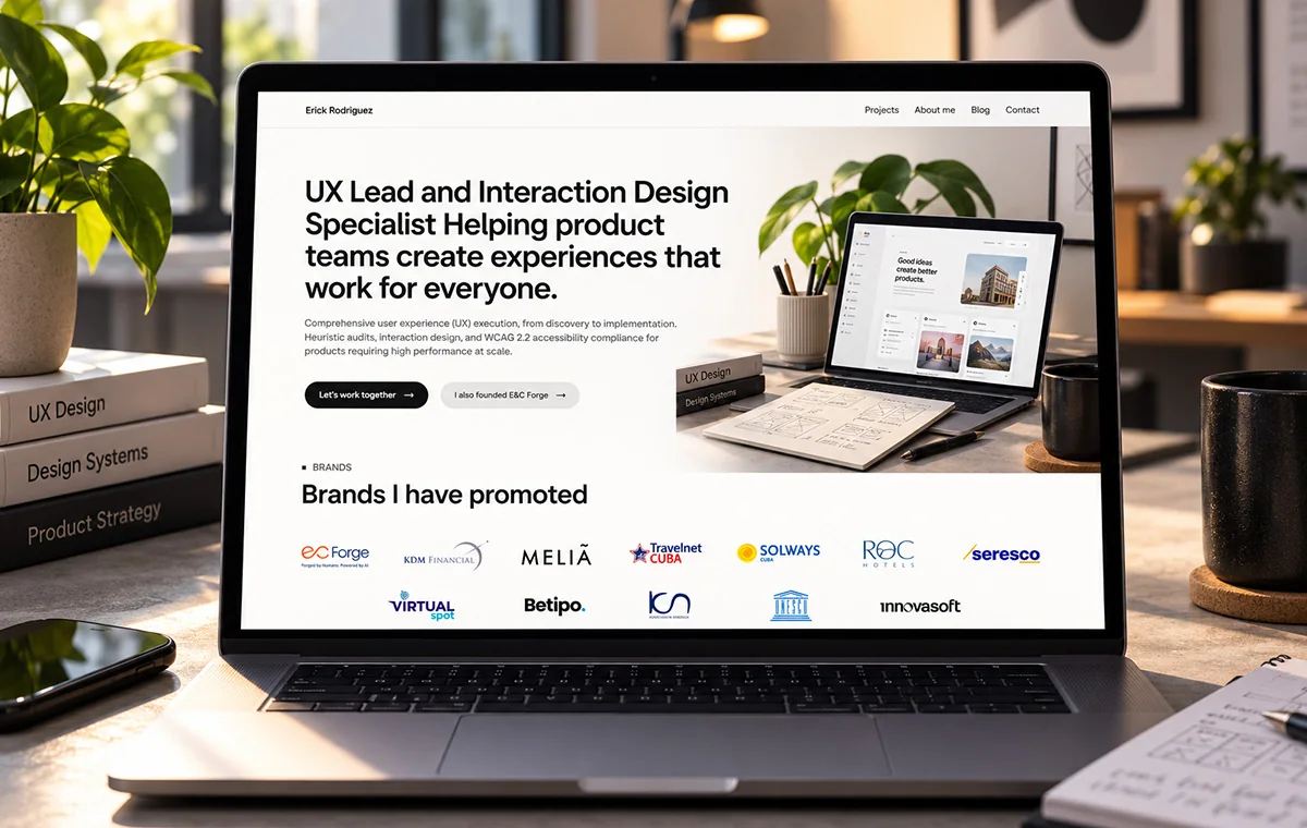 erickuxui.com home page on a laptop: the headline UX Lead and Interaction Design Specialist beside a desk photo, above a grid of client logos under the heading Brands I have promoted