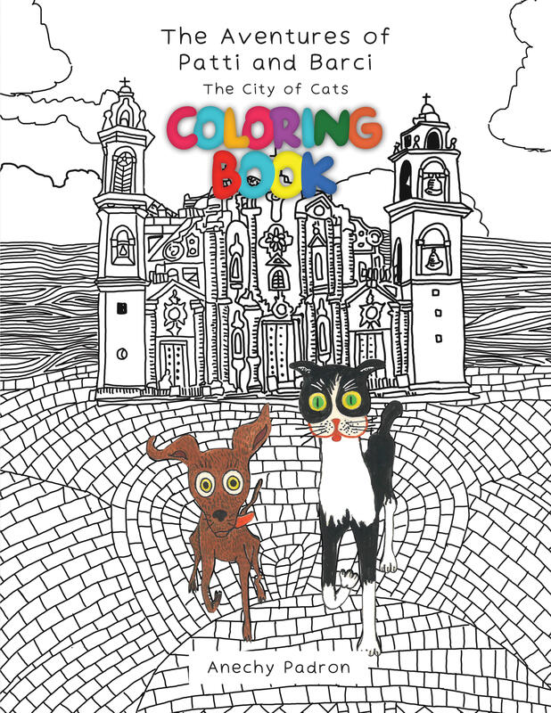 Line-art colouring book cover with a cat and a dog running across cobblestones in front of a Havana church