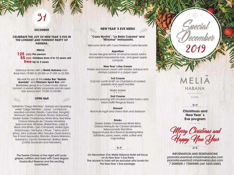 Open New Year's Eve brochure for Melia Habana, three columns of menu and programme text framed by pine branches and baubles