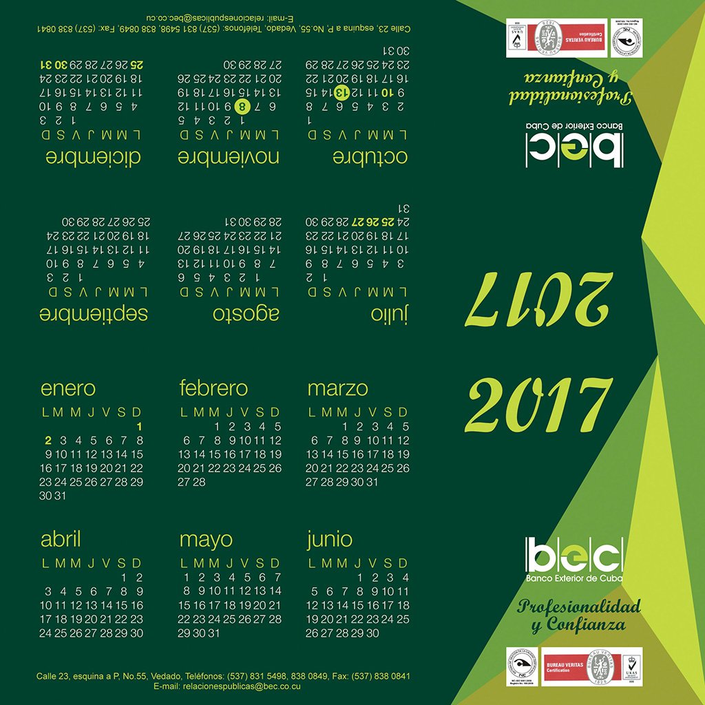 Two-sided dark green desk calendar for Banco Exterior de Cuba, the twelve months in four rows beside the year set large over angled green shapes