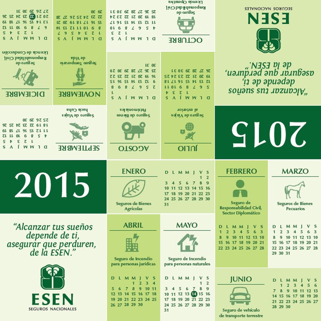 Two-sided green desk calendar for ESEN, twelve month grids each paired with an insurance icon
