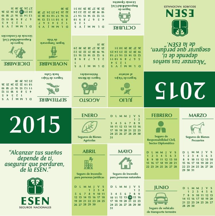 Two-sided green desk calendar for ESEN, twelve month grids each paired with an insurance icon