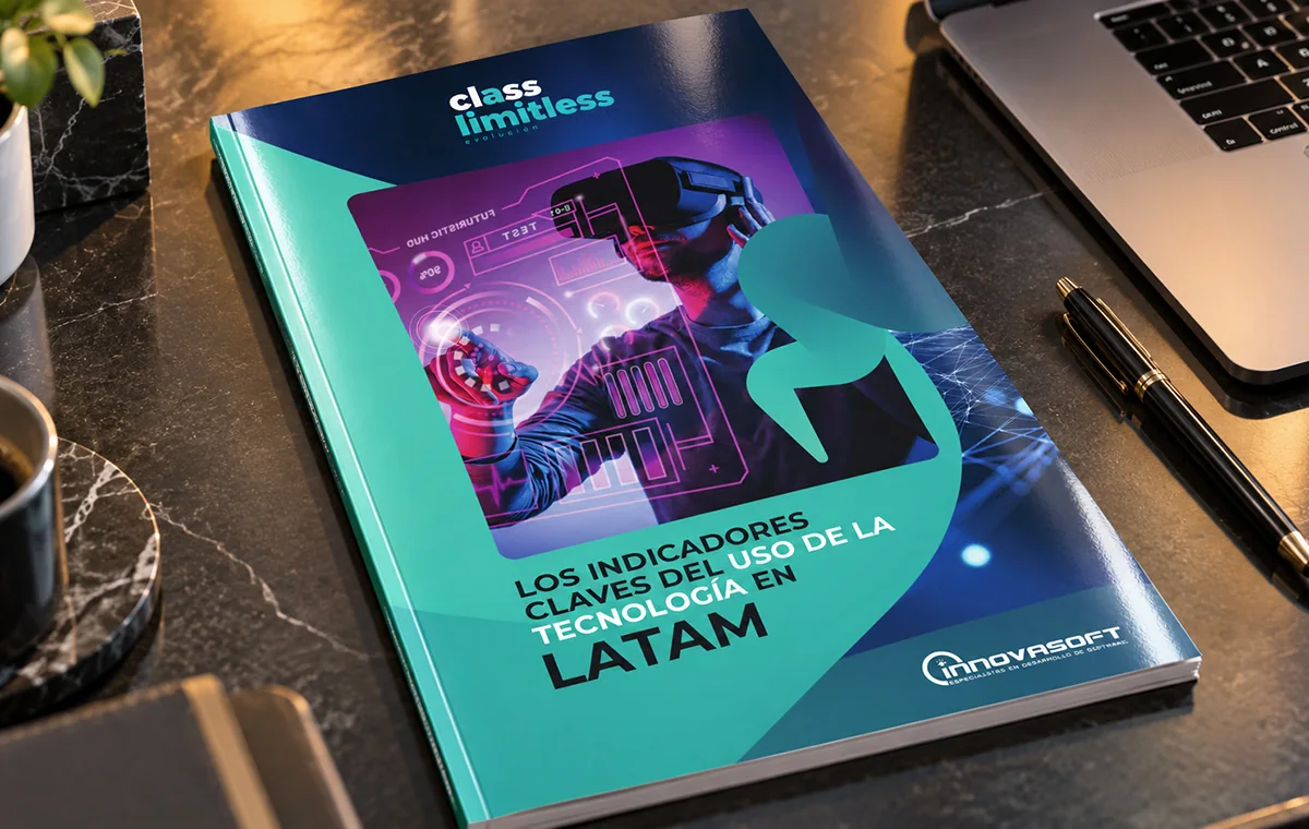 E-book cover for Class Limitless: a man in a VR headset reaching into a magenta futuristic interface, framed by teal and navy shapes, under the title about technology indicators in LATAM