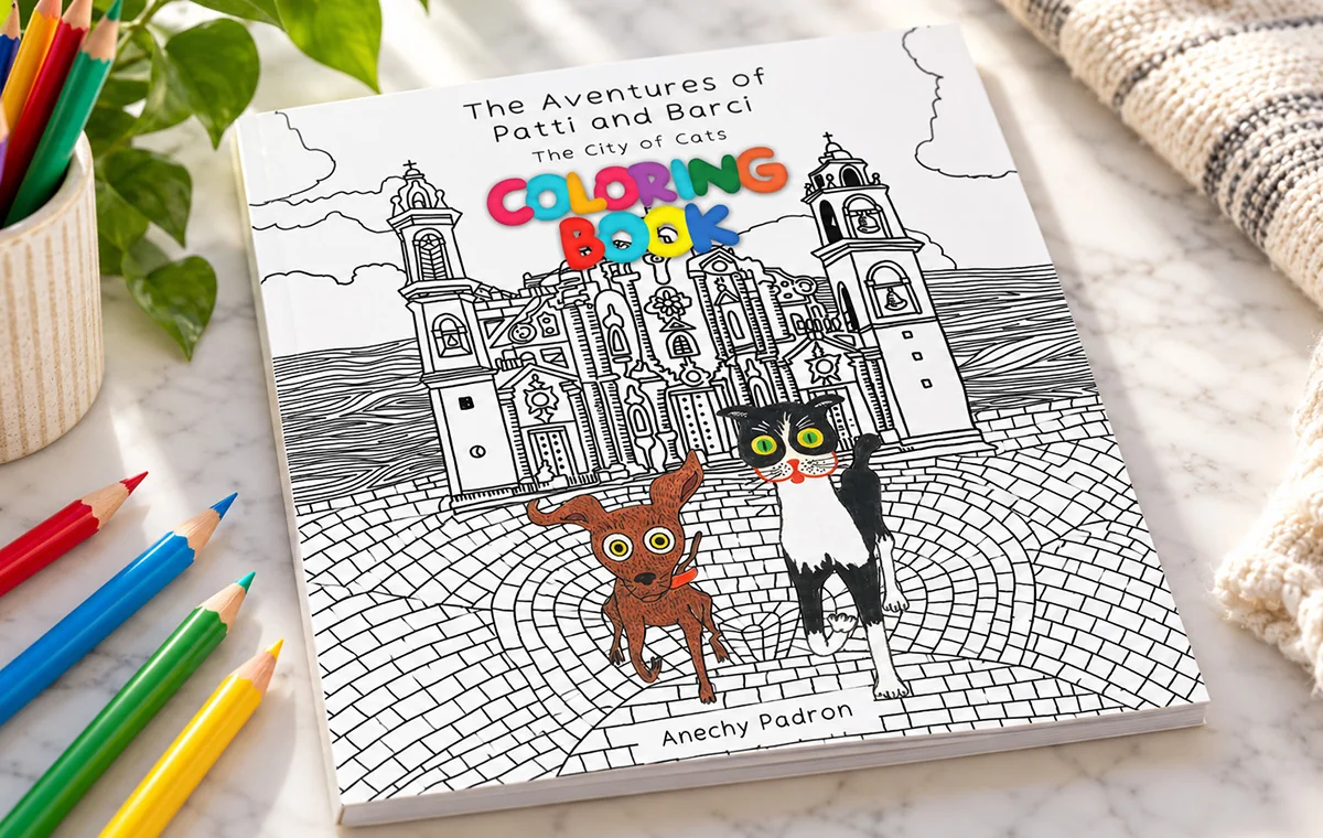 Colouring-book cover: a line-art Havana church with a brown dog and a tuxedo cat in colour on the cobblestones, under rainbow Coloring Book lettering