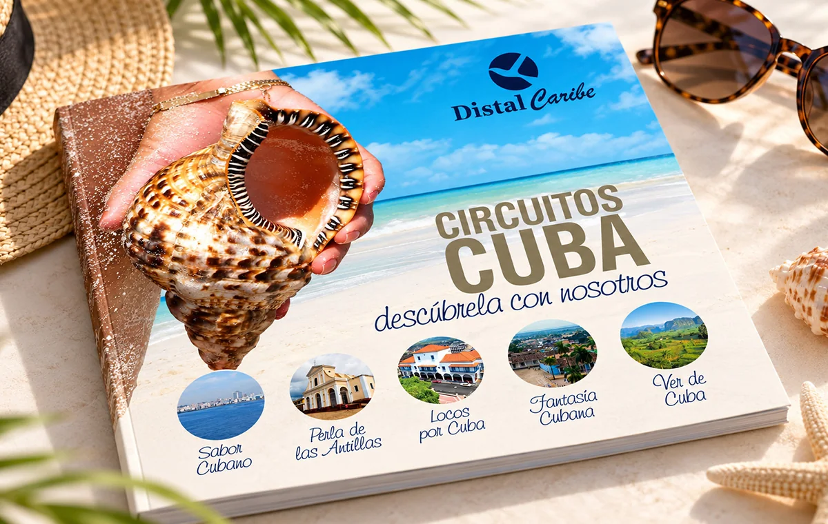 Tour catalogue cover for Distal Caribe: a hand holding a large conch shell on a white-sand beach, with the title Circuitos Cuba and five round route photographs