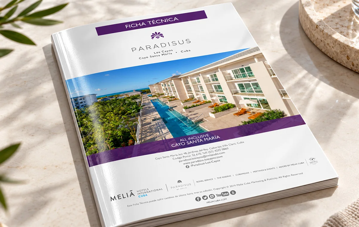 Fact sheet cover for Paradisus Los Cayos: an aerial photograph of the resort pool and beach between purple bands, with the hotel wordmark and contact details