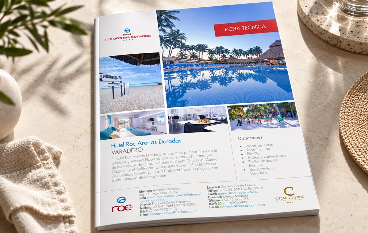 Fact sheet cover for Hotel Roc Arenas Doradas: a photo grid of pool, beach, room and restaurant above the hotel description and a list of distinctions