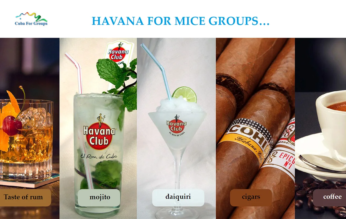 Slide headed 'Havana for MICE groups' with five vertical photographs labelled taste of rum, mojito, daiquiri, cigars and coffee