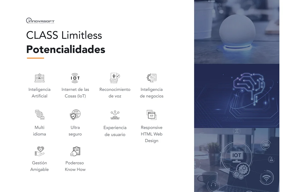 Innovasoft slide headed 'CLASS Limitless — Potencialidades' with ten labelled icons beside a column of three technology photographs