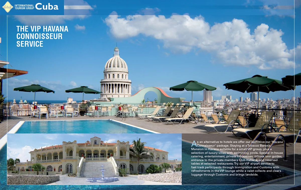 Liberty International Tourism Group slide headed 'The VIP Havana Connoisseur Service': a rooftop pool with the Capitolio behind it, and below, a colonial mansion beside the programme description