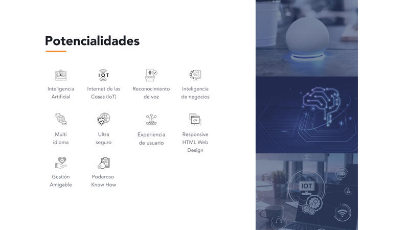 Presentation slide headed Potencialidades, with a grid of ten labelled capability icons beside three stacked technology photographs
