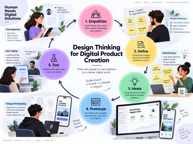 Infographic of the five design thinking phases arranged in a circle — empathise, define, ideate, prototype, test — with the tasks of each around it
