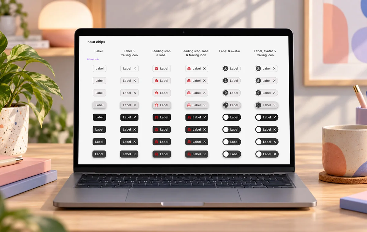 Input chips documentation page: six column types from plain label to label with avatar and trailing icon, each shown through its enabled, hover, focus, pressed and disabled states