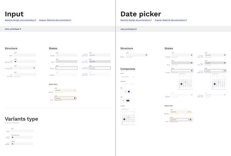 Two design-system documentation pages, Input and Date picker, each with structure, states and variant sections