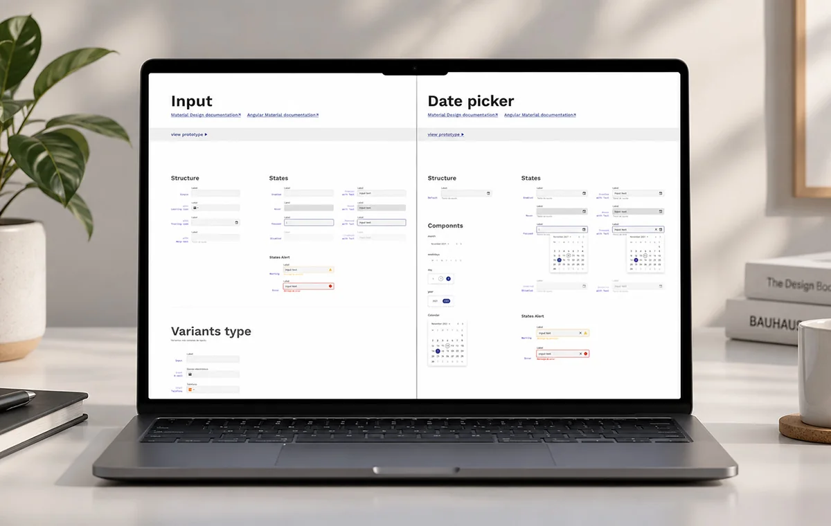 Two design-system documentation pages, Input and Date picker, each with structure, states and variant sections