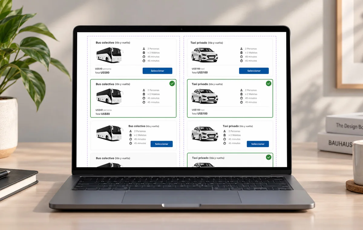 Transfer option cards specified on a grid: shared bus and private taxi, each with capacity, luggage and duration, in default and selected states