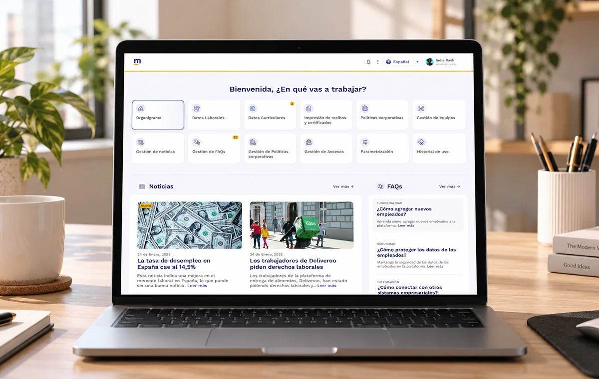 HR self-service portal on a laptop: a welcome question above twelve task tiles such as org chart, payroll data and corporate policies, with news and FAQs below