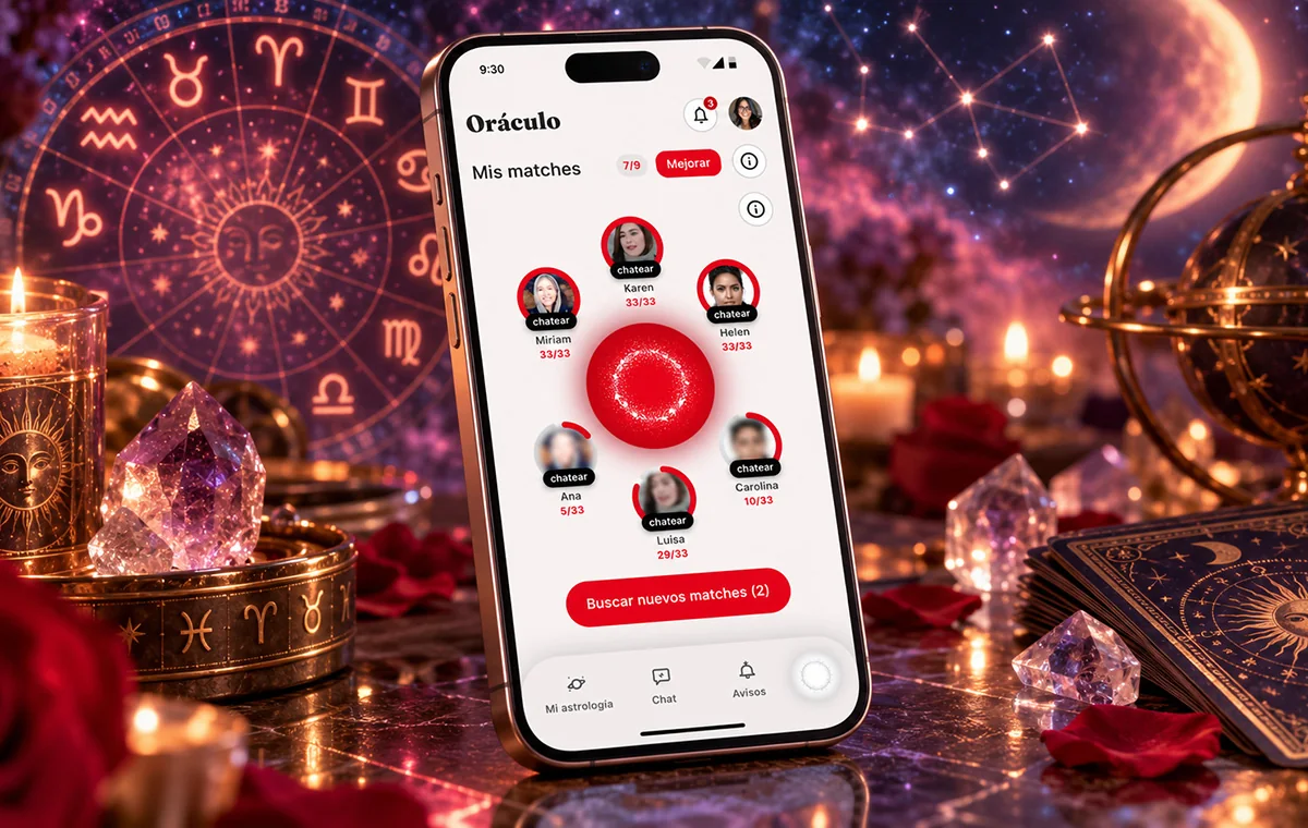 Oráculo astrology app on a phone: matches arranged in a circle around a red orb, each with a compatibility score and a chat button