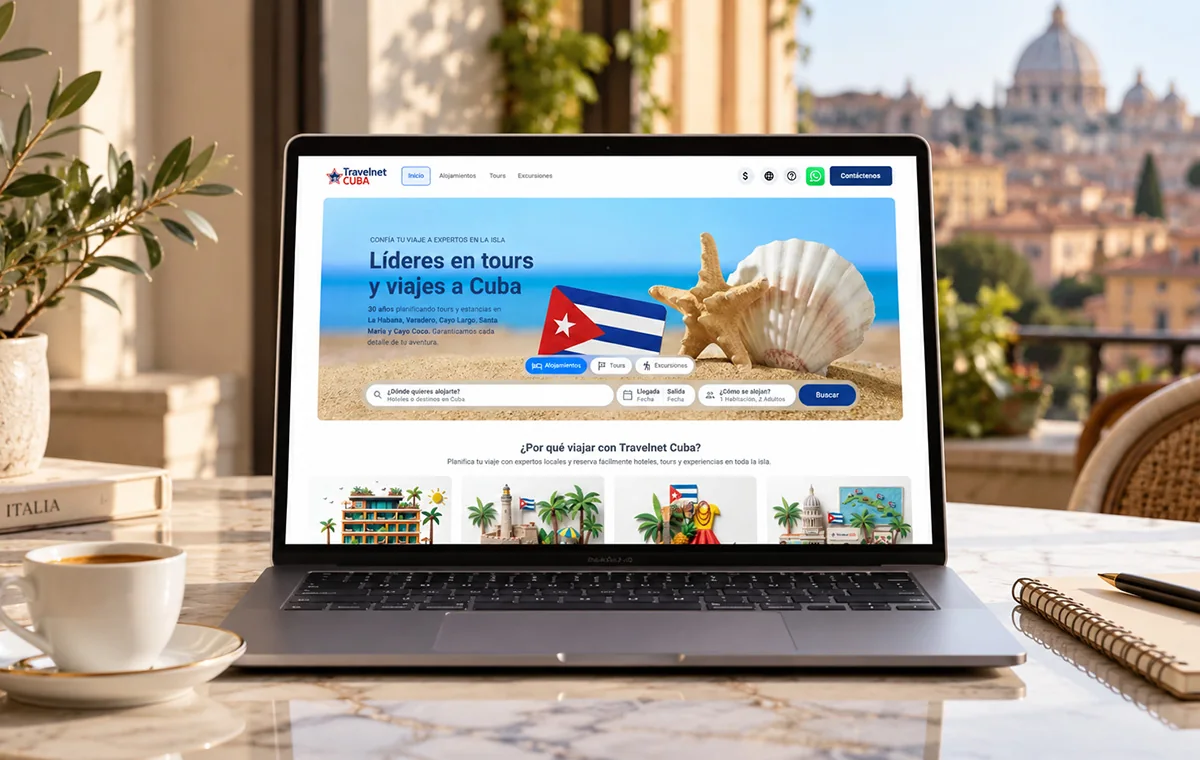 Travelnet Cuba booking site on a laptop: the headline about leading tours and travel to Cuba above a search bar for stays, tours and excursions