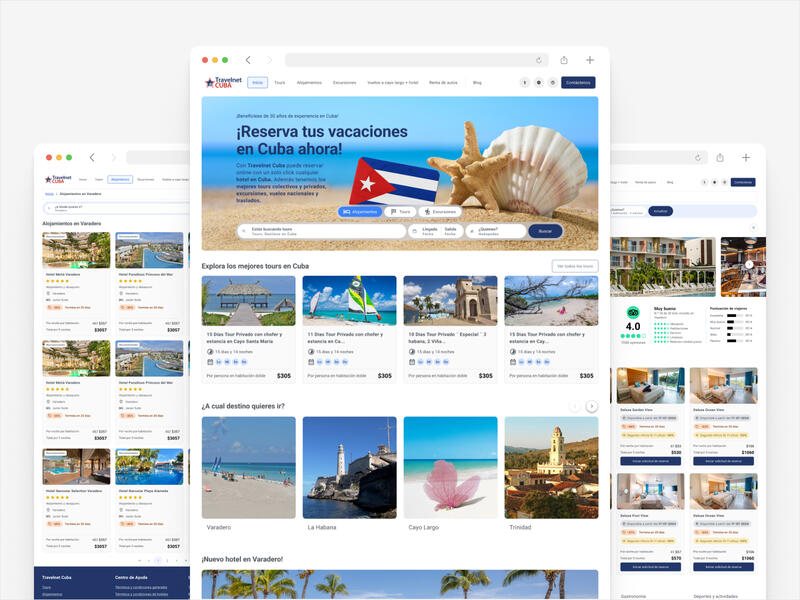 Three overlapping browser windows of the Travelnet Cuba booking site: home, accommodation results and hotel detail