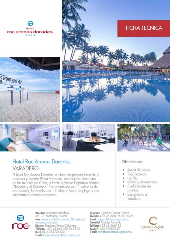 One-page hotel fact sheet with a photo grid of pool, beach and rooms above a description block