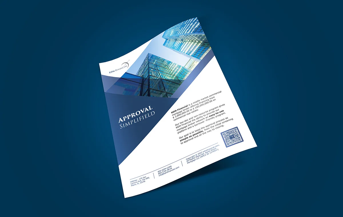 KDM Financial 'Approval Simplified' one-sheet shown at an angle on a deep blue field: a glass-tower photograph cut by a diagonal, programme copy and a QR code