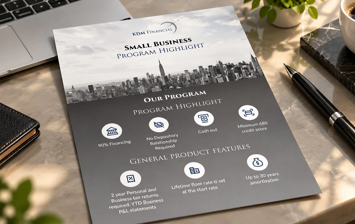 KDM Financial Small Business Program Highlight one-sheet on a desk: a grey city skyline above seven round icons listing the programme features
