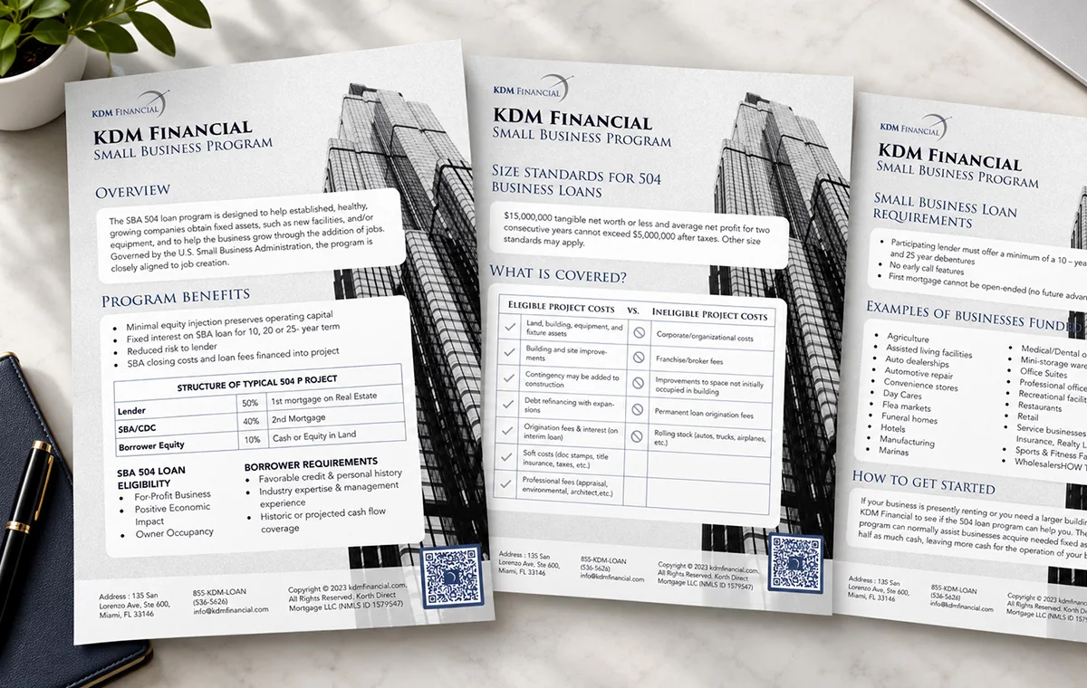 Three KDM Financial one-sheets for the SBA 504 small business programme fanned out on a desk: the overview, the eligible-cost table and the requirements page