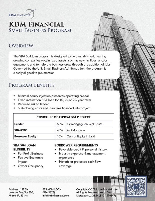 KDM Financial one-sheet for the SBA 504 small business programme, with a black-and-white tower photograph down the right edge
