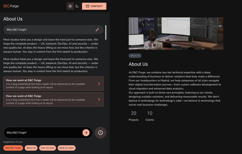 Dark split-panel interface: a prompt column with suggestion chips on the left, the generated content panel on the right