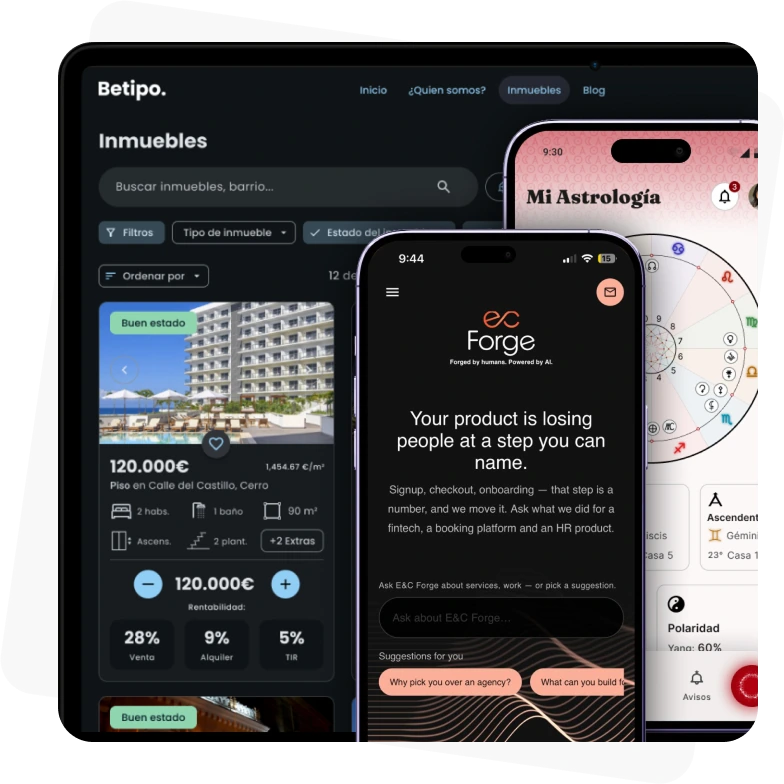 Three product screens: a property listings dashboard with prices and yields, a chat interface on the E&C Forge site, and an astrology app showing a natal chart