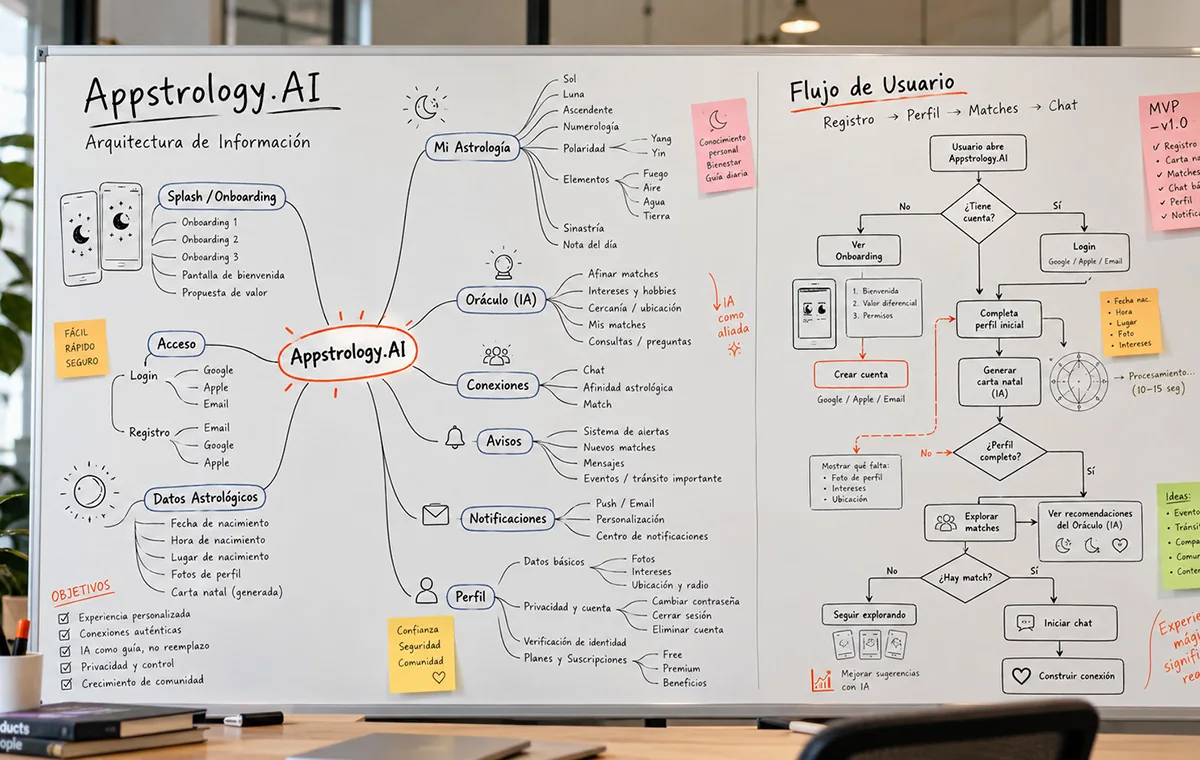 Whiteboard for Appstrology.AI: an information-architecture mind map on the left with its sections branching out, and a user flow on the right from sign-up through profile and matches to chat