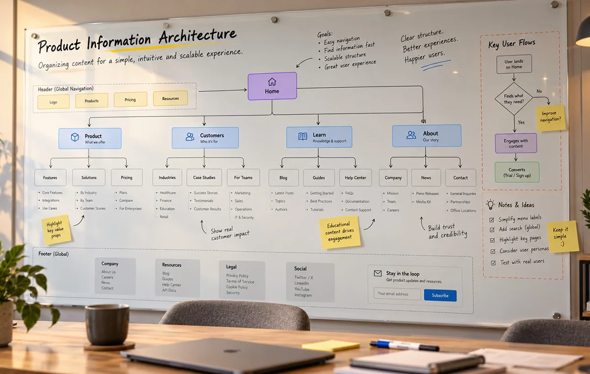 Whiteboard of a product information architecture: a tree from Home into Product, Customers, Learn and About, each with its pages, plus the global header and footer and a short key user flow