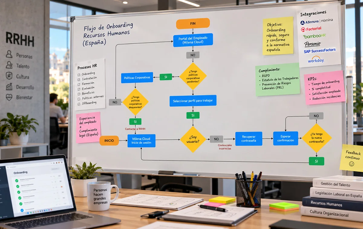 Whiteboard of an HR onboarding flow for Spain: decision diamonds for login, credentials and pending corporate policies, with the payroll integrations and compliance notes beside it