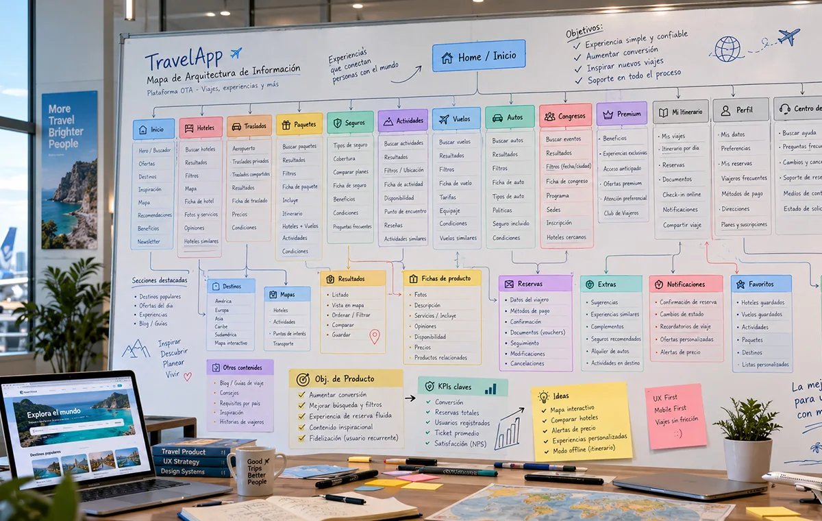 Whiteboard of a travel platform information architecture: Home branching into hotels, transfers, packages, insurance, activities, flights, cars and more, each column listing its screens