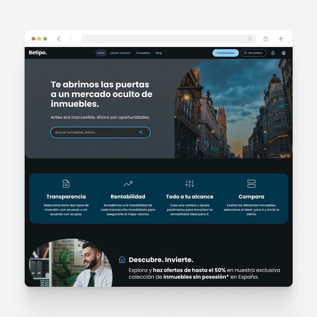 Dark landing page for Betipo, a Madrid street at dusk beside the headline, a search field, and a row of four value propositions below