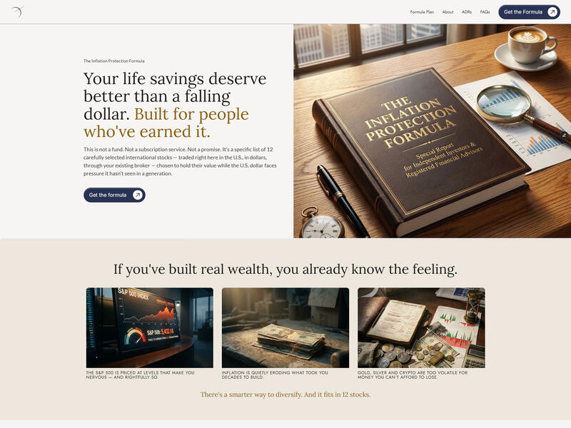 Cream landing page headed Your life savings deserve better than a falling dollar, beside a photograph of a bound book